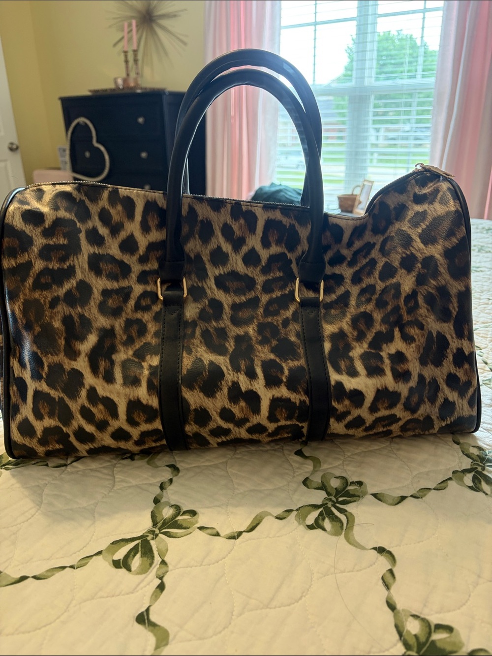 Leopard Print Travel Duffel Bag with Black Handles